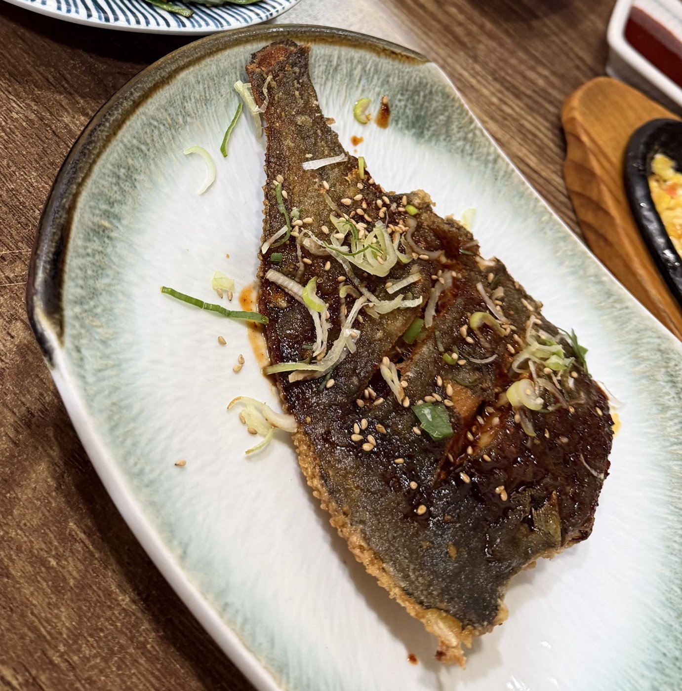 Grilled flatfish and chive pancake